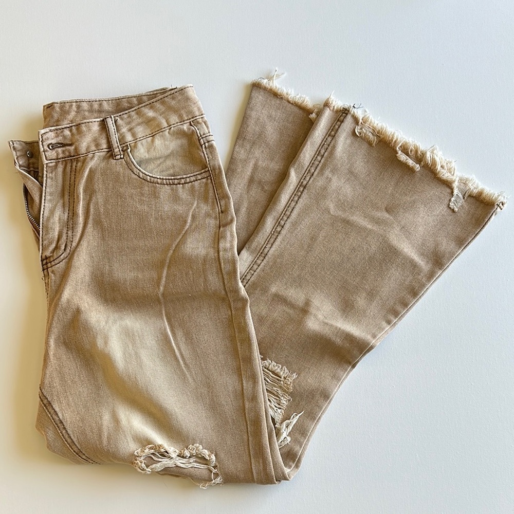 High Rise Tan Flare Jeans Frayed Hem Distressed Stretch Denim Pants Size L
